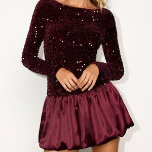 Lulus Event Aura Burgundy Sequin Long Sleeve Mini Dress Red - Size M